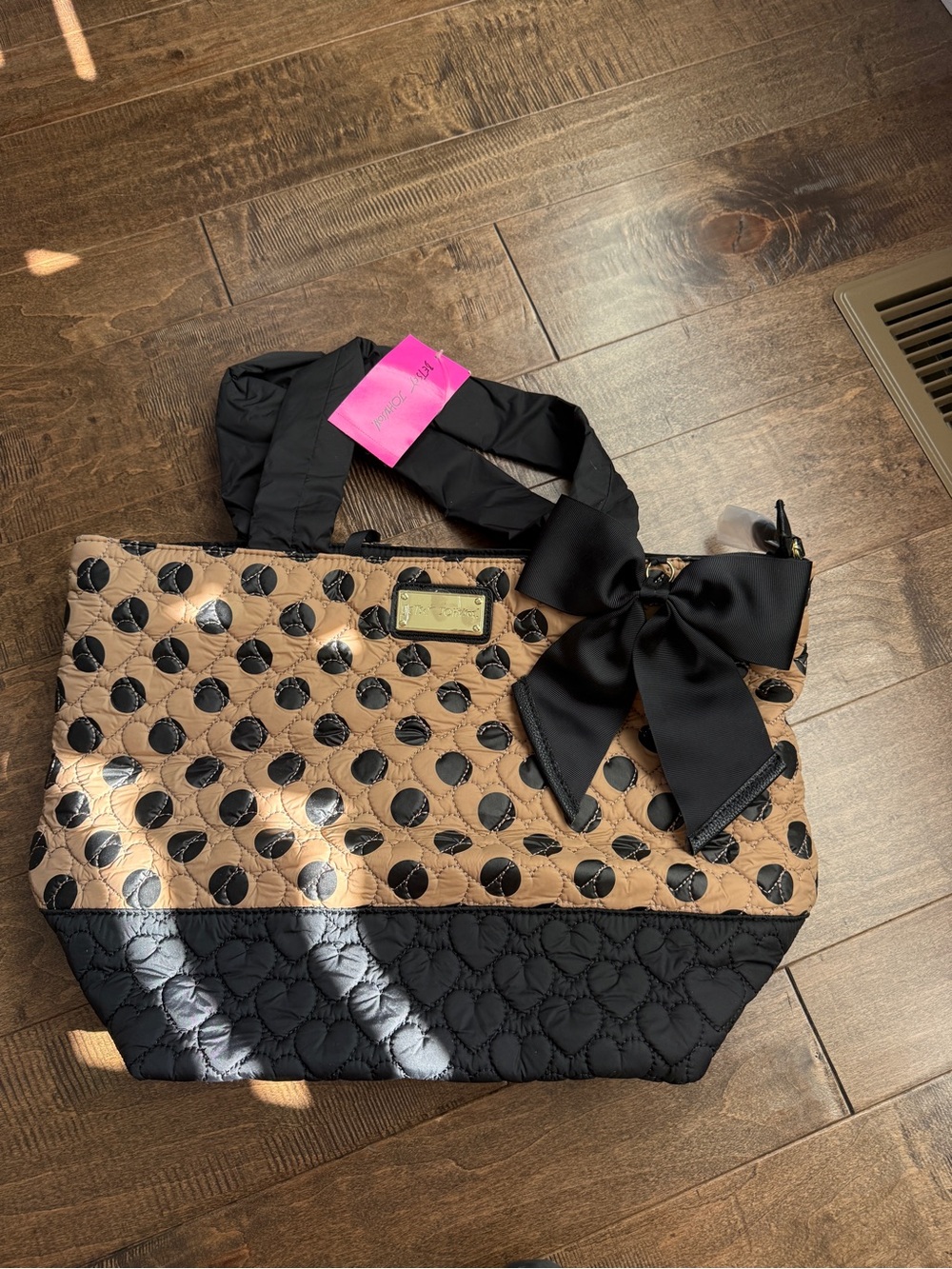 Betsey Johnson Quilted Polka Dot Tote Bag in Beige and Black
